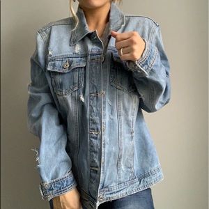Light blue denim jean jacket w/ rips~ size L